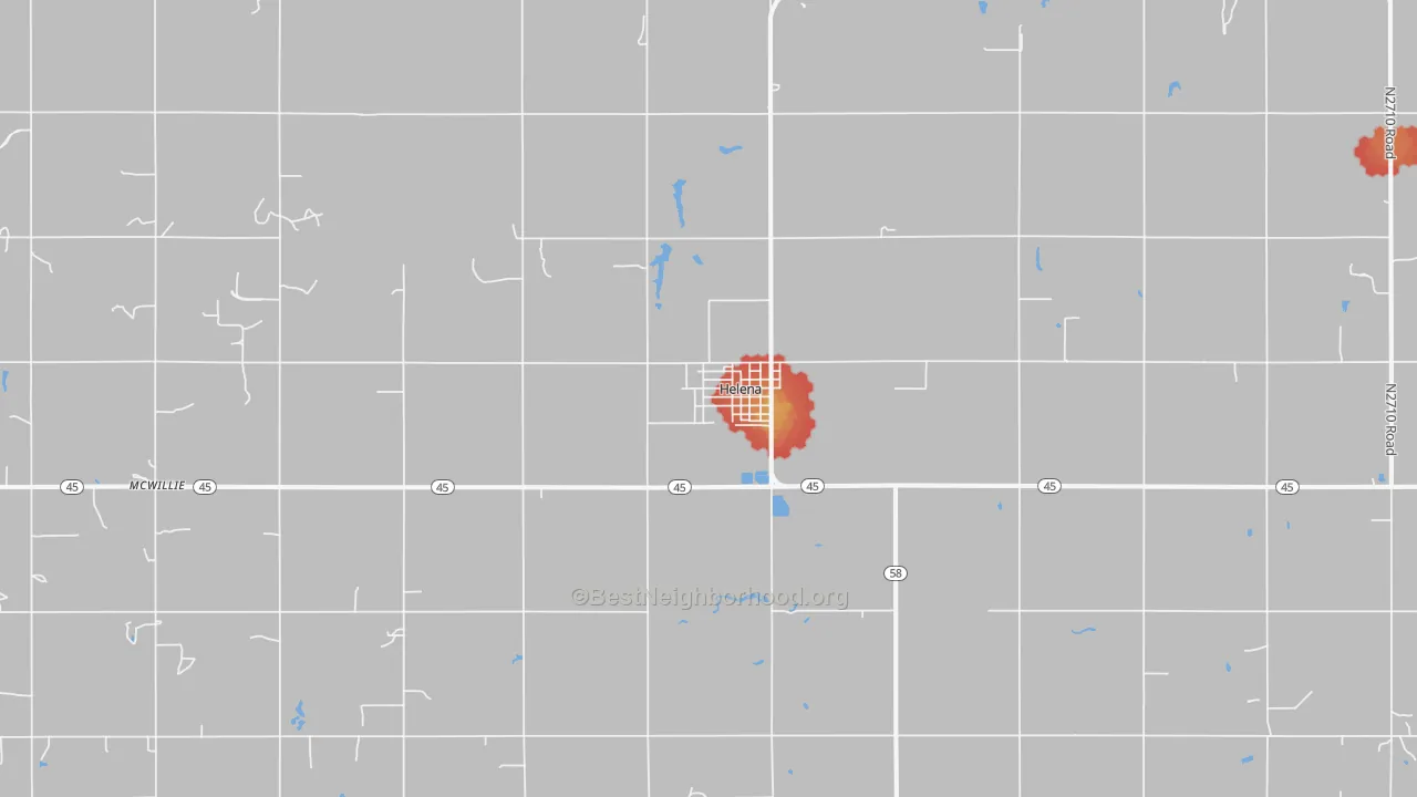Walk Grade map of Helena, OK, walkable areas in green and car-dependent areas in red