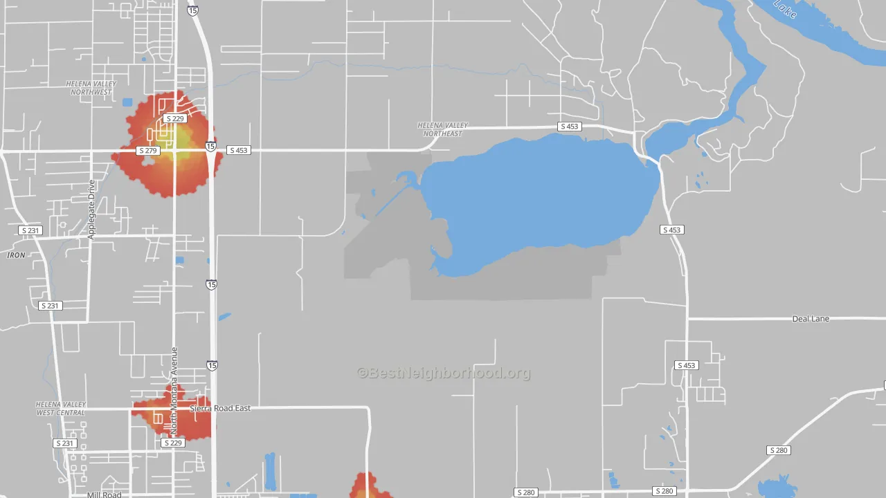 Walk Grade map of Helena Valley Northeast, MT, walkable areas in green and car-dependent areas in red