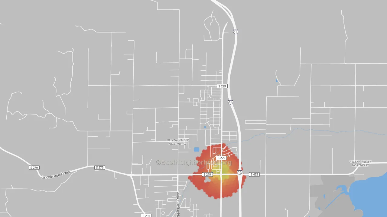 Walk Grade map of Helena Valley Northwest, MT, walkable areas in green and car-dependent areas in red