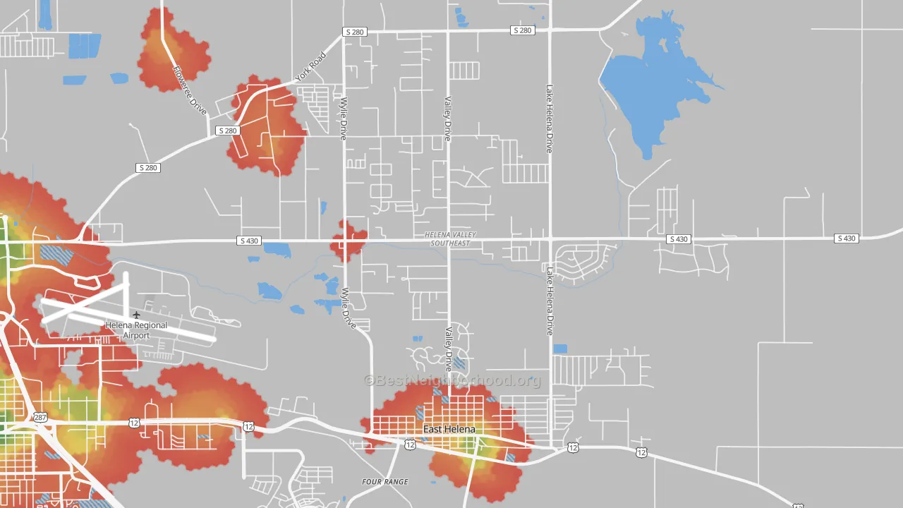 Walk Grade map of Helena Valley Southeast, MT, walkable areas in green and car-dependent areas in red