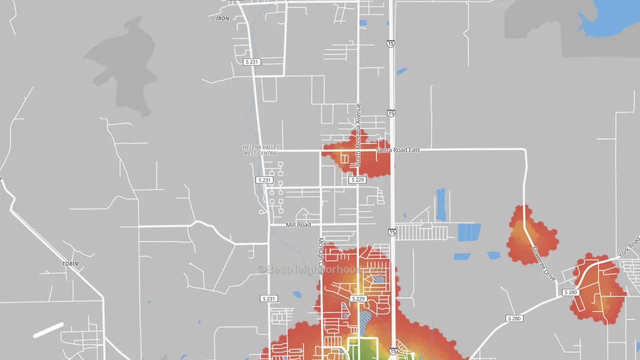 Walk Grade map of Helena Valley West Central, MT, walkable areas in green and car-dependent areas in red