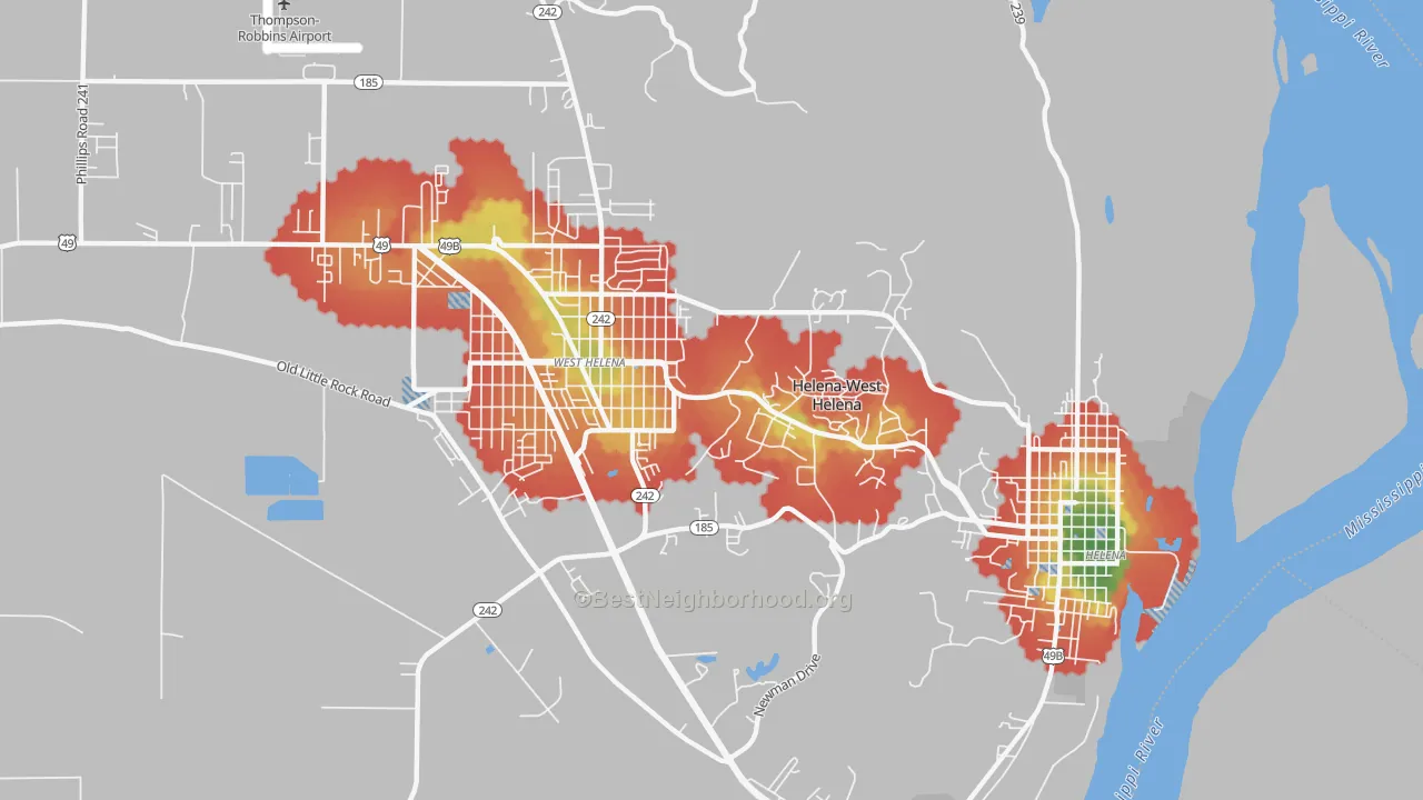 Walk Grade map of Helena-West Helena, AR, walkable areas in green and car-dependent areas in red