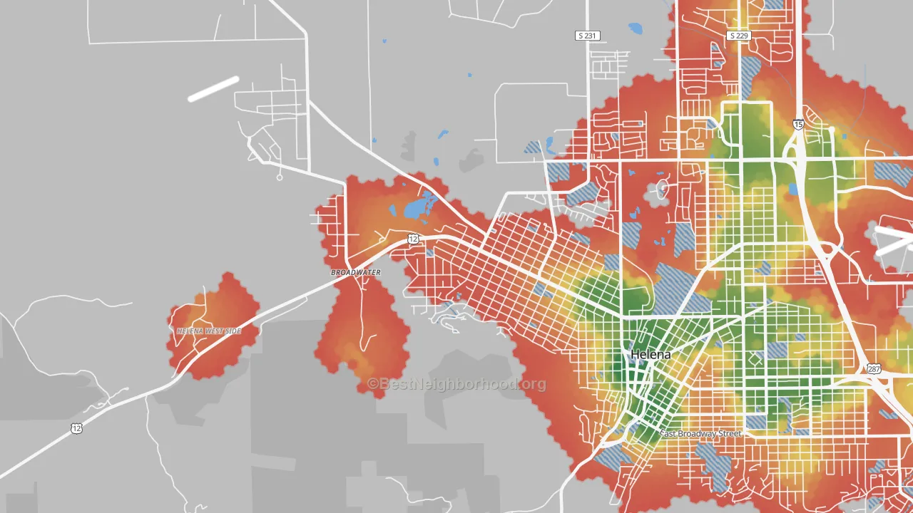 Walk Grade map of Helena West Side, MT, walkable areas in green and car-dependent areas in red