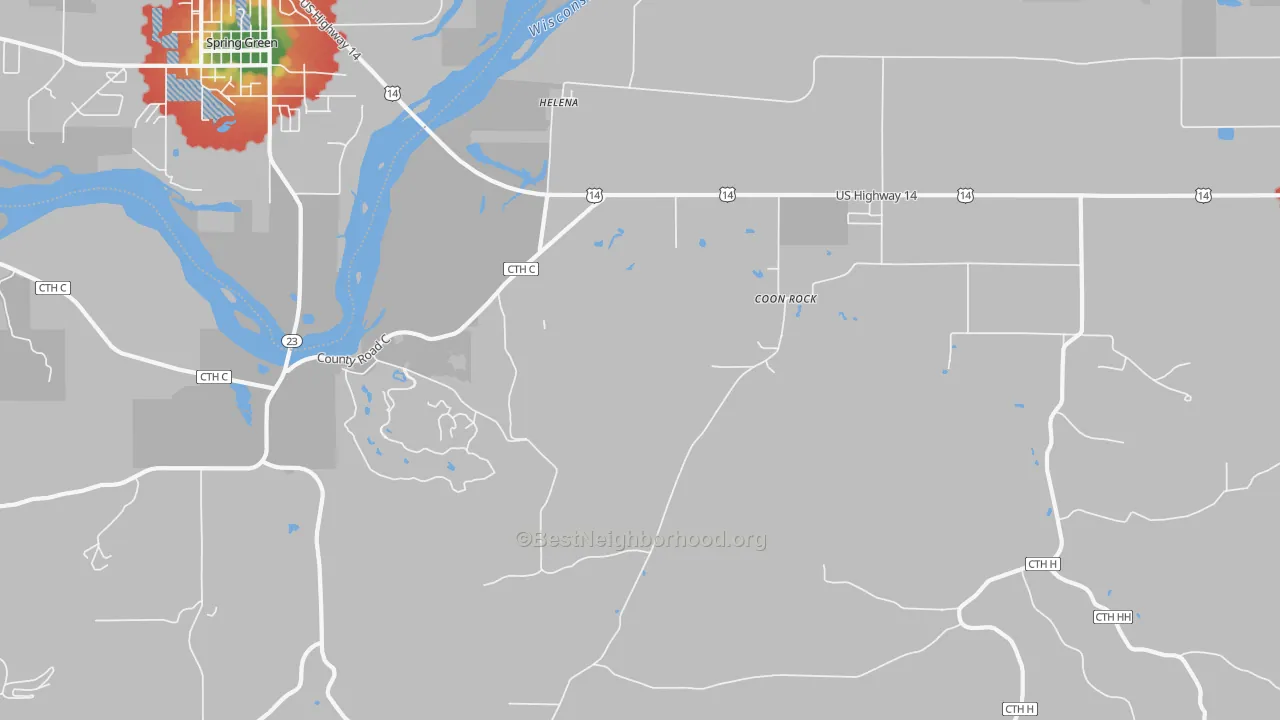Walk Grade map of Helena, WI, walkable areas in green and car-dependent areas in red