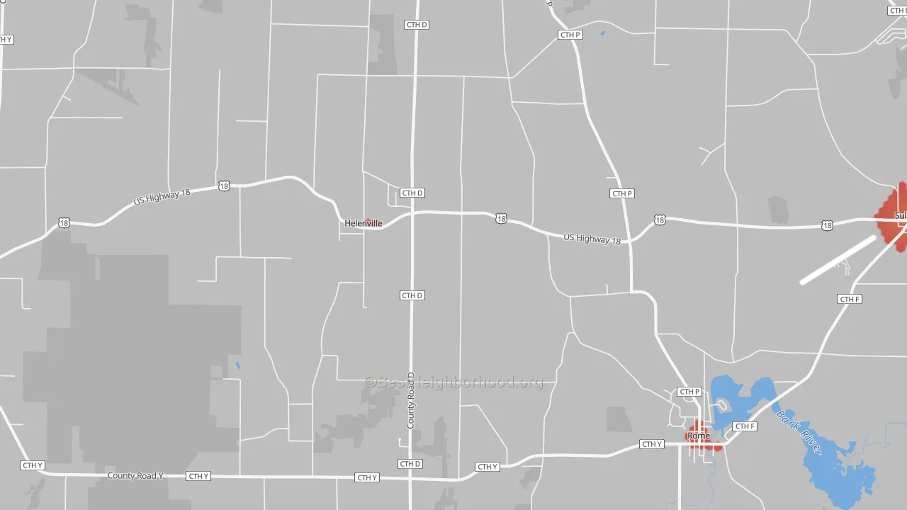 Walk Grade map of Helenville, WI, walkable areas in green and car-dependent areas in red