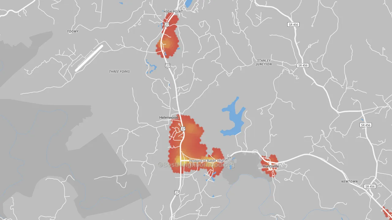 Walk Grade map of Helenwood, TN, walkable areas in green and car-dependent areas in red