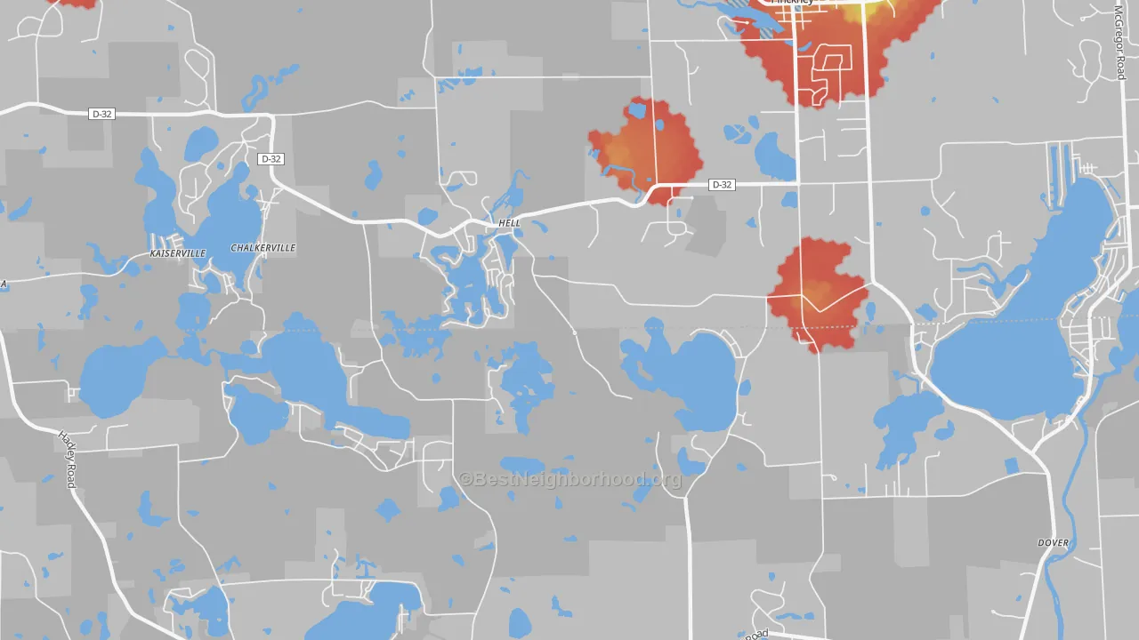 Walk Grade map of Hell, MI, walkable areas in green and car-dependent areas in red