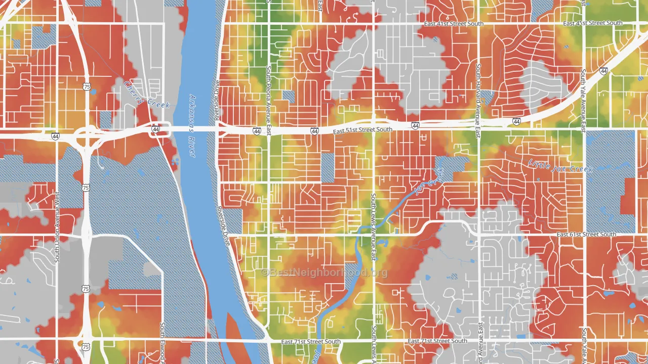 Walk Grade map of Heller Park, Tulsa, OK, walkable areas in green and car-dependent areas in red