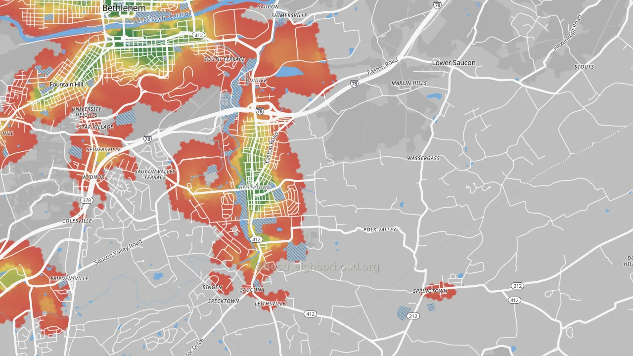Walk Grade map of Hellertown, PA, walkable areas in green and car-dependent areas in red