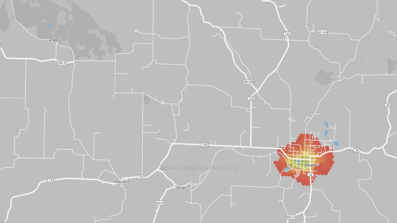Walk Grade map of Helm, MO, walkable areas in green and car-dependent areas in red