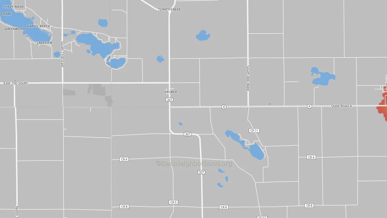 Walk Grade map of Helmer, IN, walkable areas in green and car-dependent areas in red
