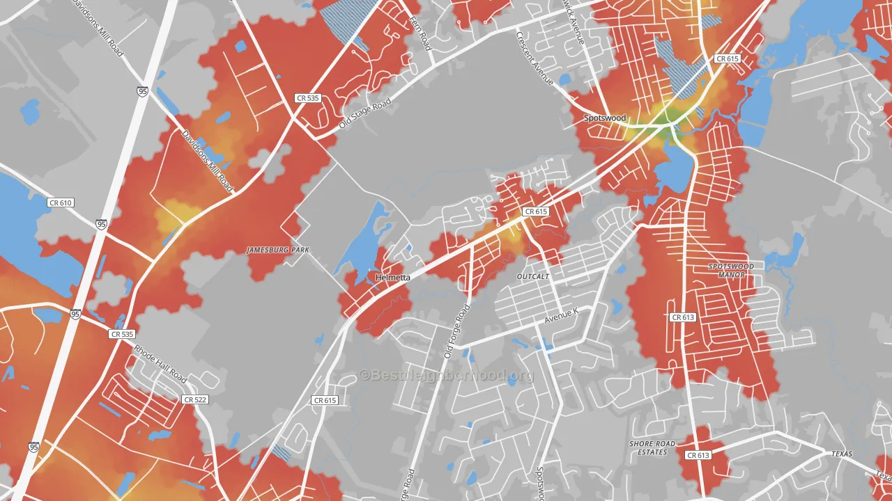 Walk Grade map of Helmetta, NJ, walkable areas in green and car-dependent areas in red