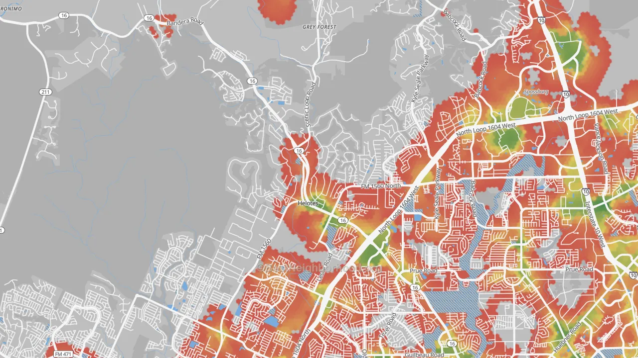 Walk Grade map of Helotes, TX, walkable areas in green and car-dependent areas in red