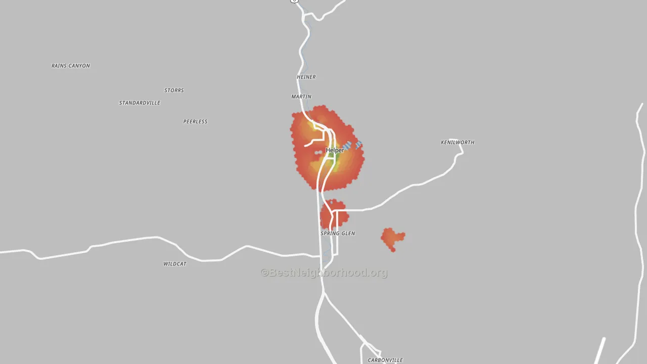 Walk Grade map of Helper, UT, walkable areas in green and car-dependent areas in red