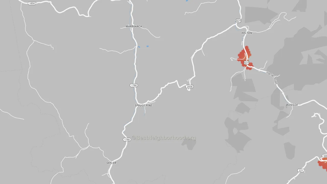 Walk Grade map of Helton, KY, walkable areas in green and car-dependent areas in red
