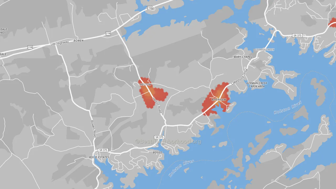 Walk Grade map of Helton, TN, walkable areas in green and car-dependent areas in red