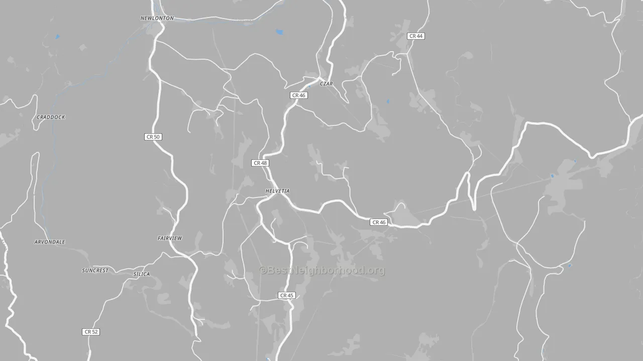Walk Grade map of Helvetia, WV, walkable areas in green and car-dependent areas in red