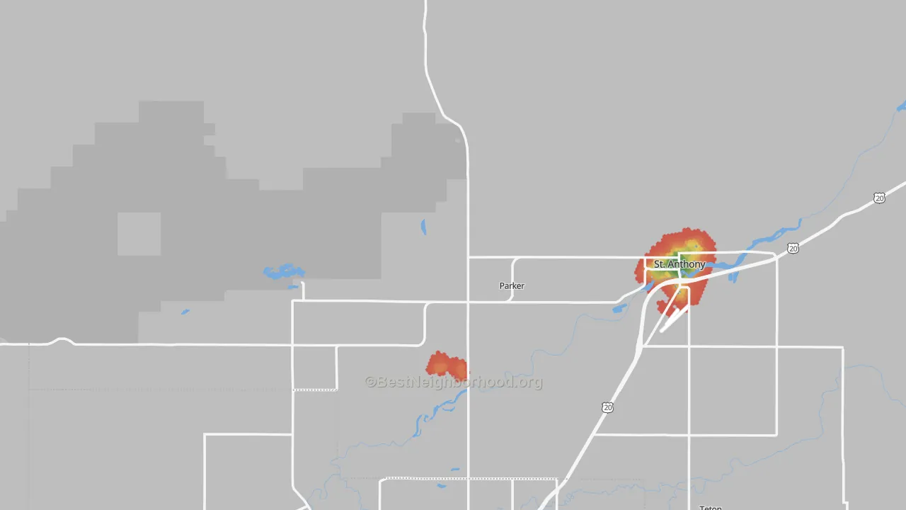 Walk Grade map of Heman, ID, walkable areas in green and car-dependent areas in red