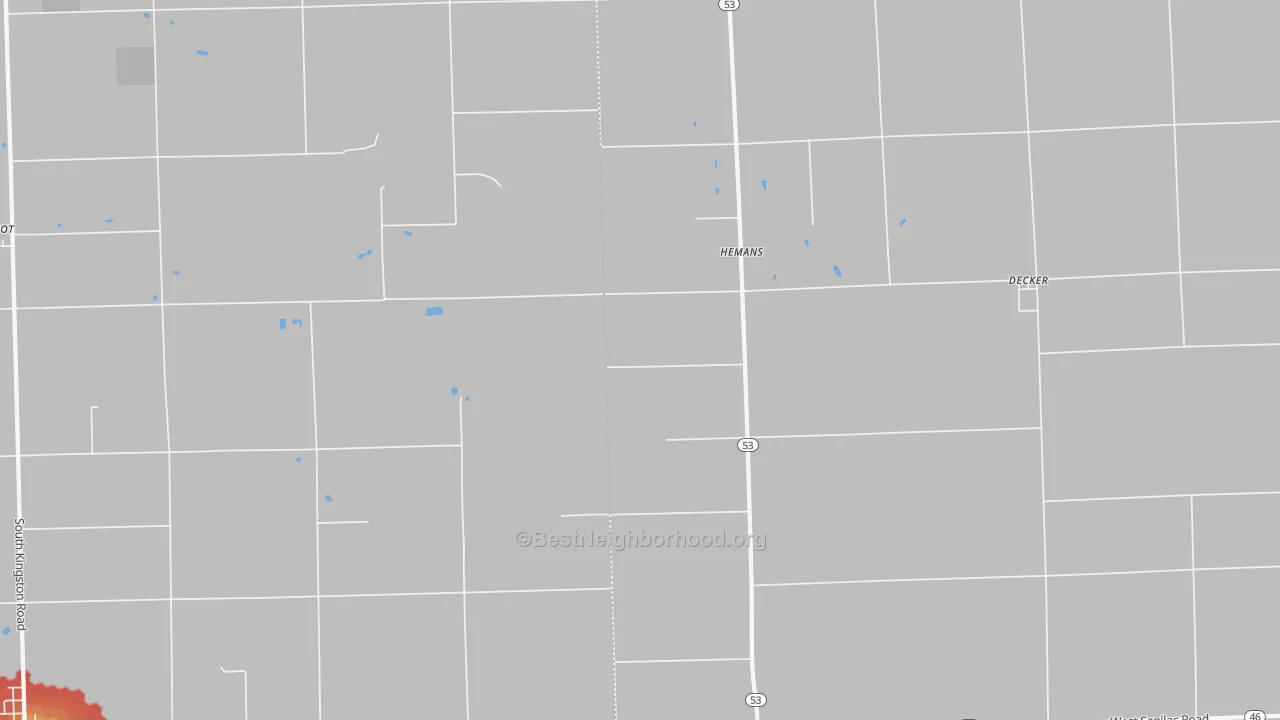 Walk Grade map of Hemans, MI, walkable areas in green and car-dependent areas in red