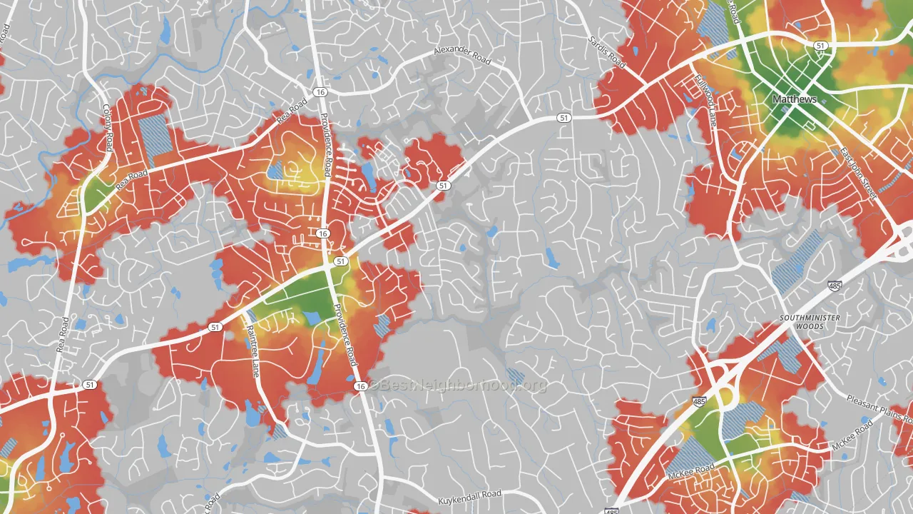 Walk Grade map of Hembstead, Charlotte, NC, walkable areas in green and car-dependent areas in red