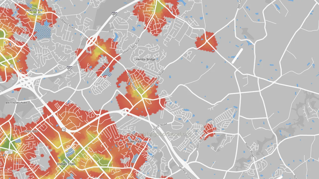Walk Grade map of Hemby Bridge, NC, walkable areas in green and car-dependent areas in red