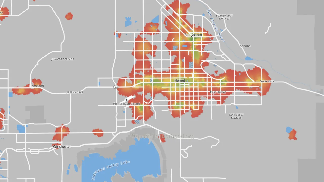 Walk Grade map of Hemet, CA, walkable areas in green and car-dependent areas in red