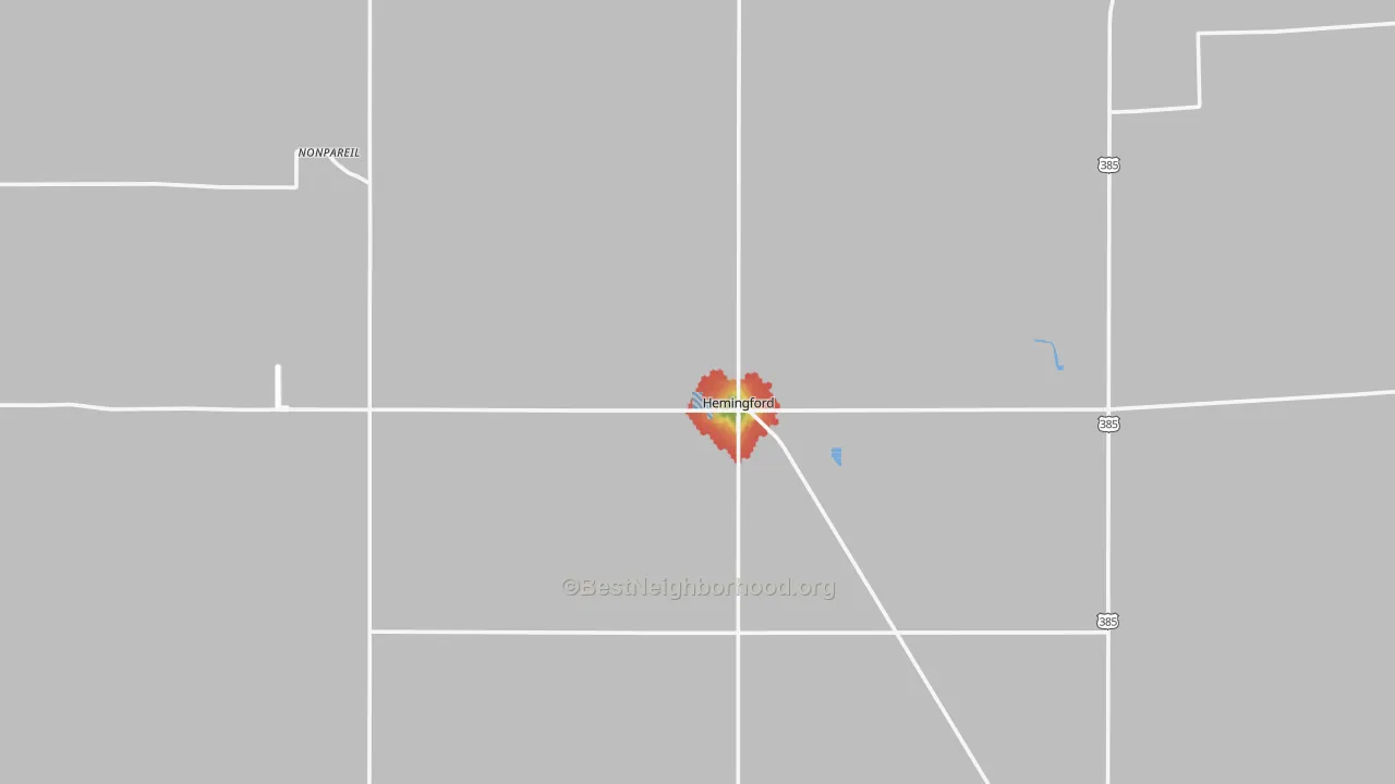 Walk Grade map of Hemingford, NE, walkable areas in green and car-dependent areas in red