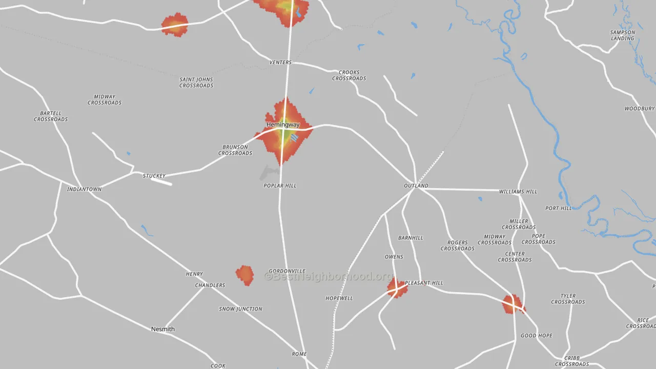 Walk Grade map of Hemingway, SC, walkable areas in green and car-dependent areas in red