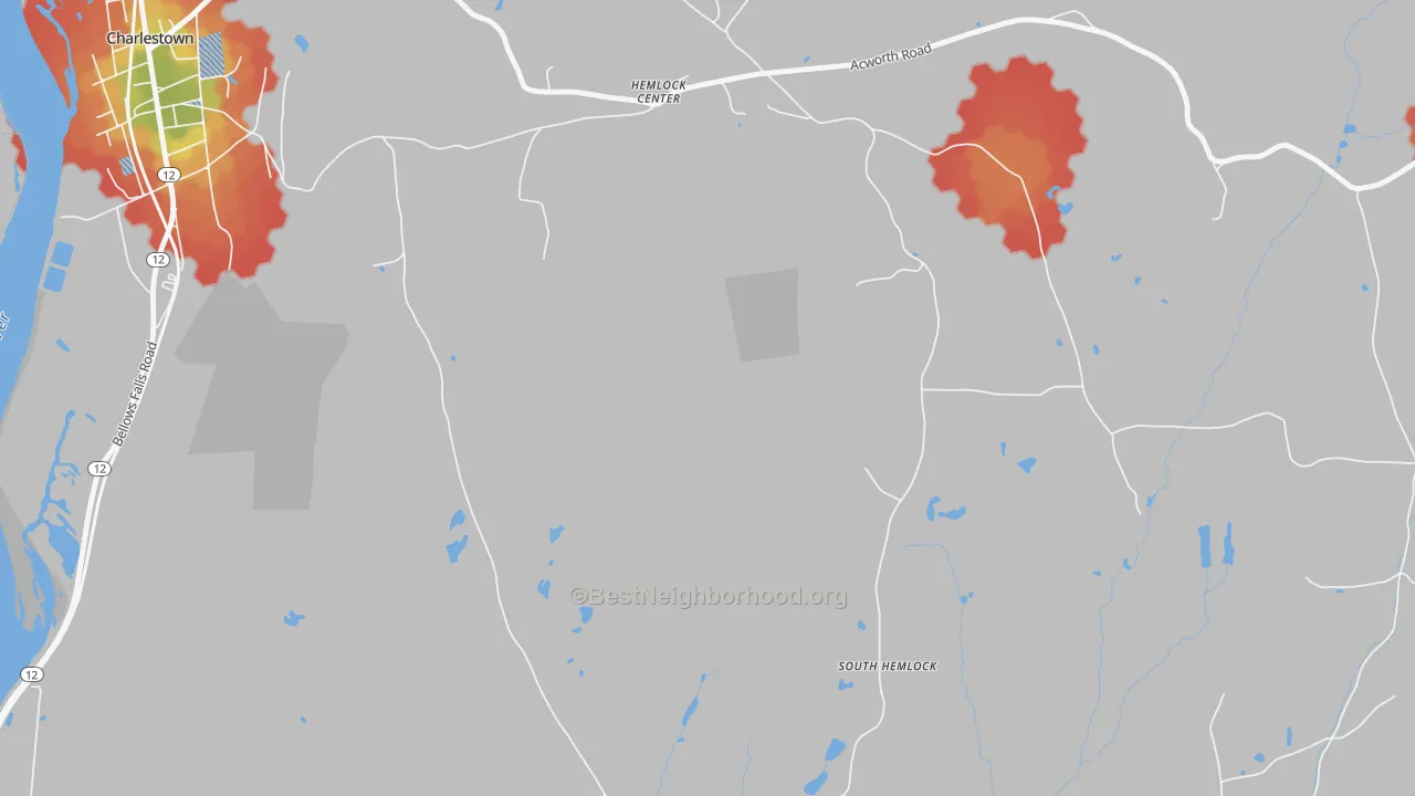 Walk Grade map of Hemlock Center, NH, walkable areas in green and car-dependent areas in red