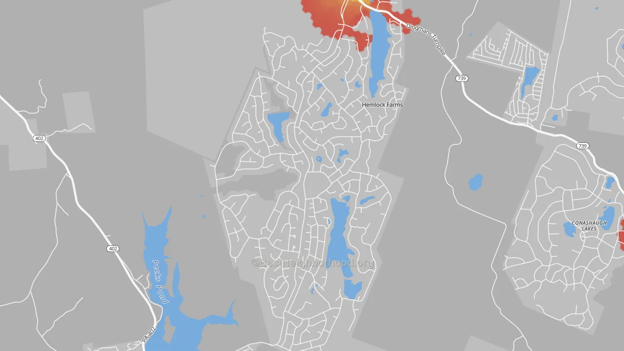 Walk Grade map of Hemlock Farms, PA, walkable areas in green and car-dependent areas in red