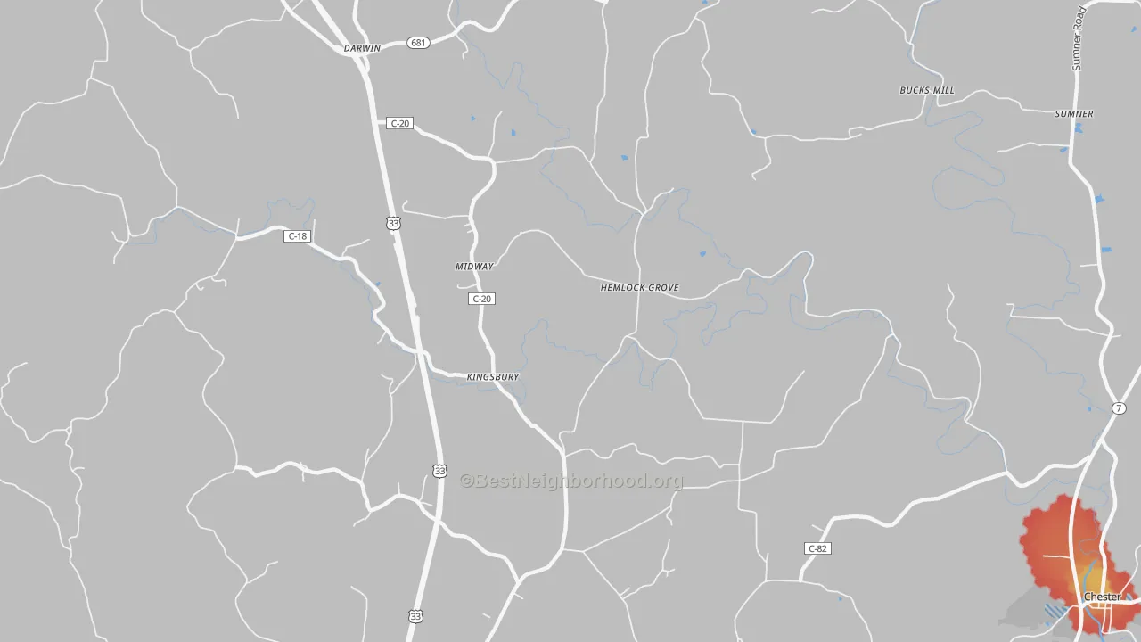 Walk Grade map of Hemlock Grove, OH, walkable areas in green and car-dependent areas in red