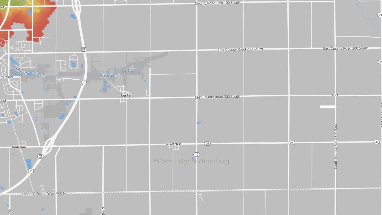Walk Grade map of Hemlock, IN, walkable areas in green and car-dependent areas in red