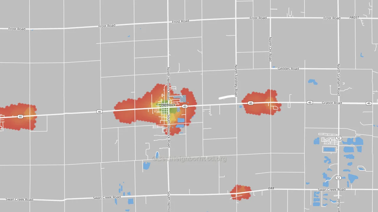 Walk Grade map of Hemlock, MI, walkable areas in green and car-dependent areas in red
