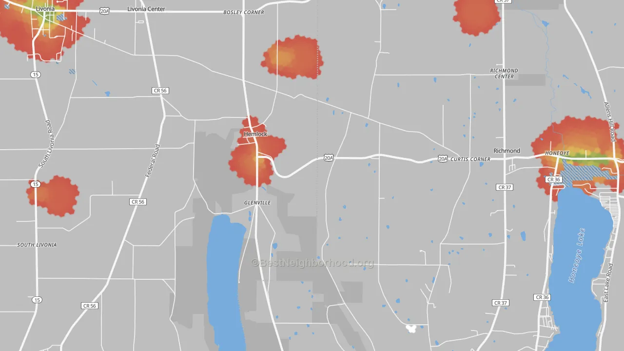 Walk Grade map of Hemlock, NY, walkable areas in green and car-dependent areas in red