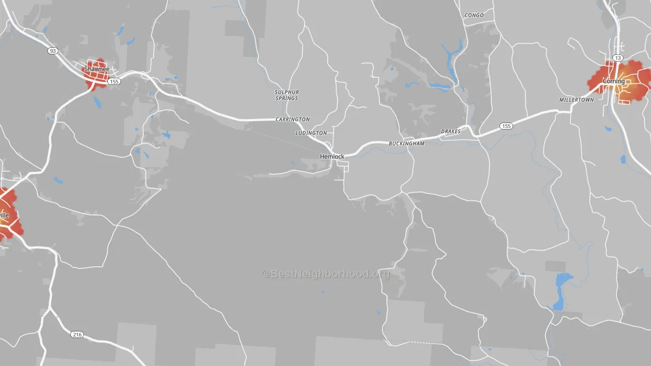 Walk Grade map of Hemlock, OH, walkable areas in green and car-dependent areas in red