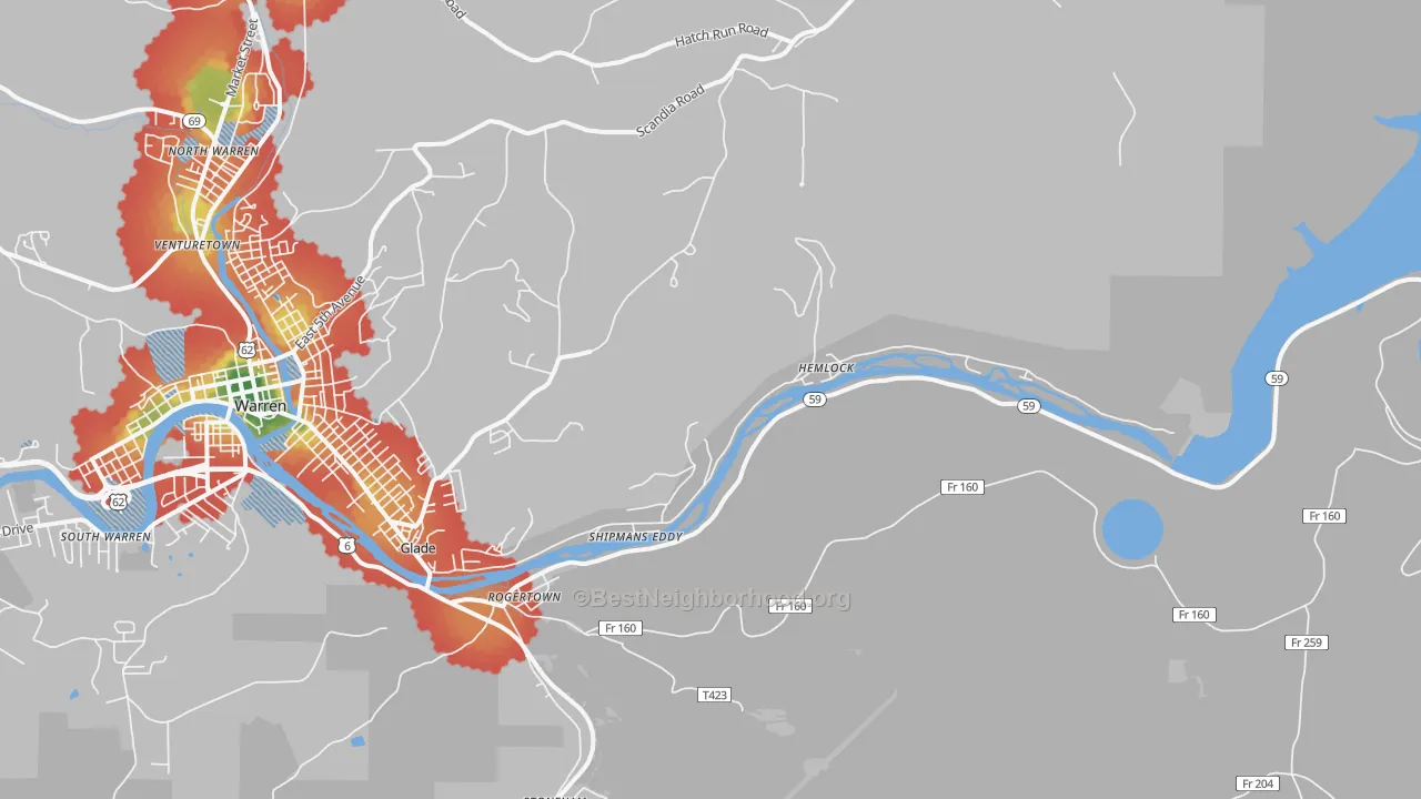 Walk Grade map of Hemlock, PA, walkable areas in green and car-dependent areas in red