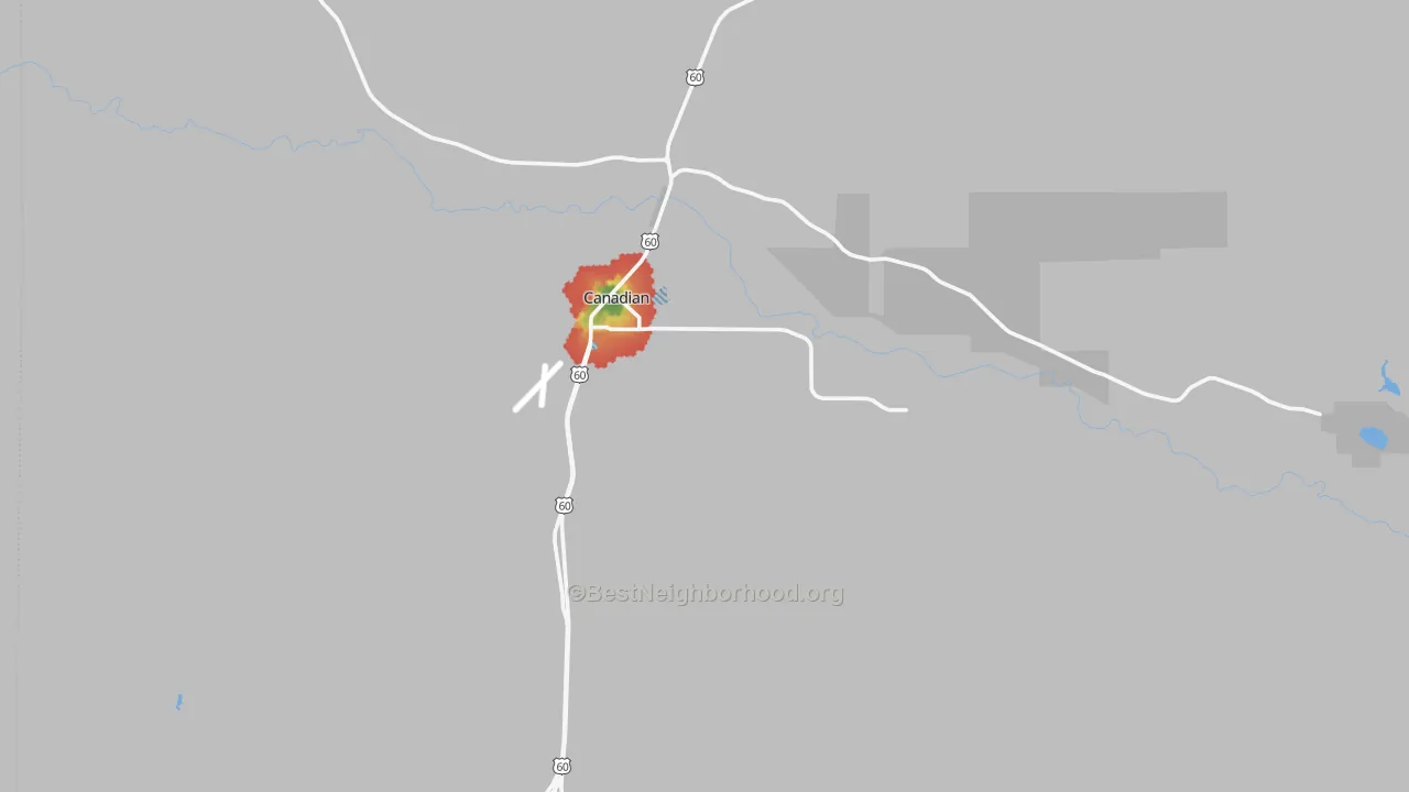 Walk Grade map of Hemphill County, TX, walkable areas in green and car-dependent areas in red