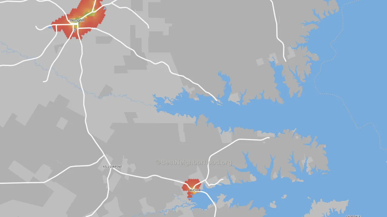 Walk Grade map of Hemphill, TX, walkable areas in green and car-dependent areas in red