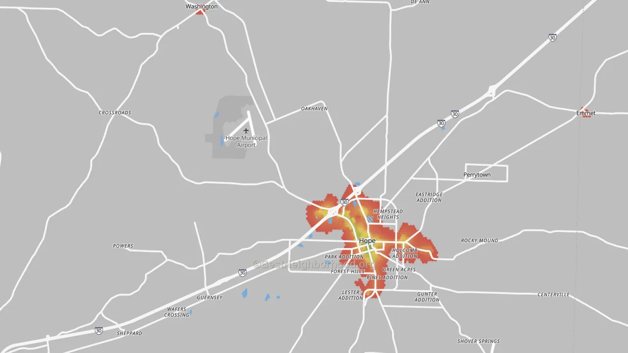 Walk Grade map of Hempstead County, AR, walkable areas in green and car-dependent areas in red