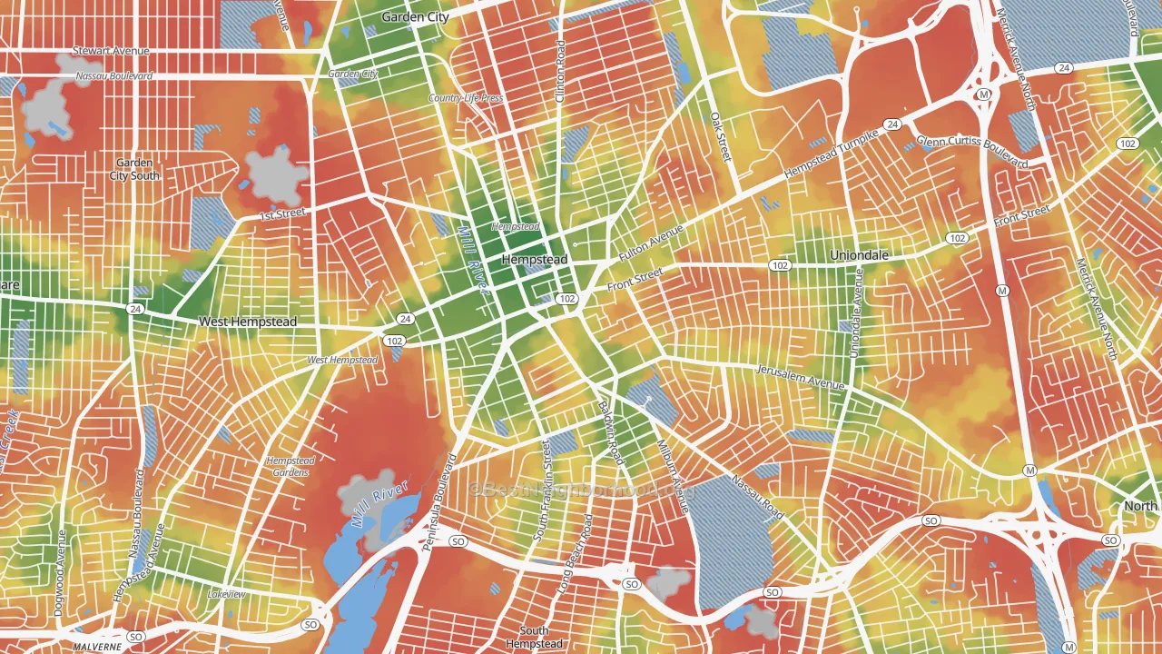 Walk Grade map of Hempstead, NY, walkable areas in green and car-dependent areas in red