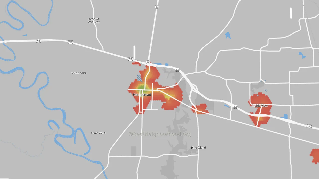 Walk Grade map of Hempstead, TX, walkable areas in green and car-dependent areas in red