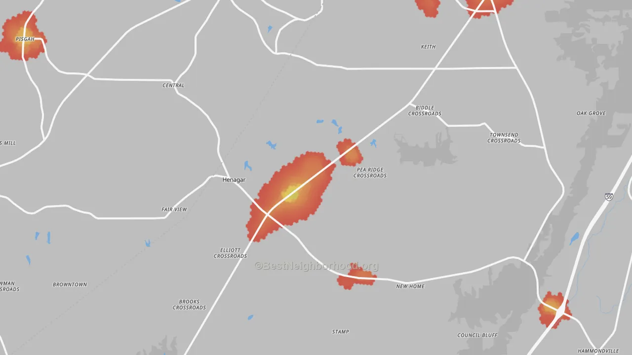 Walk Grade map of Henagar, AL, walkable areas in green and car-dependent areas in red