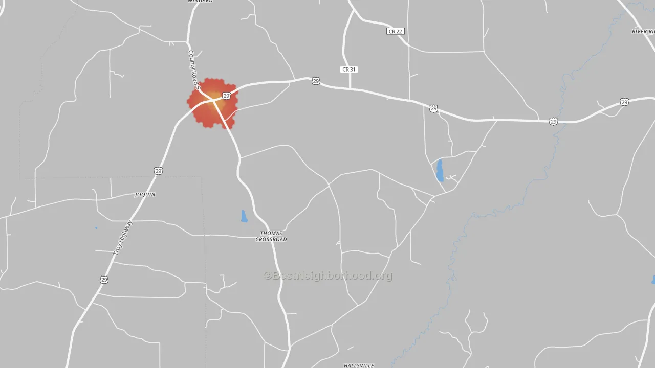 Walk Grade map of Henderson, AL, walkable areas in green and car-dependent areas in red