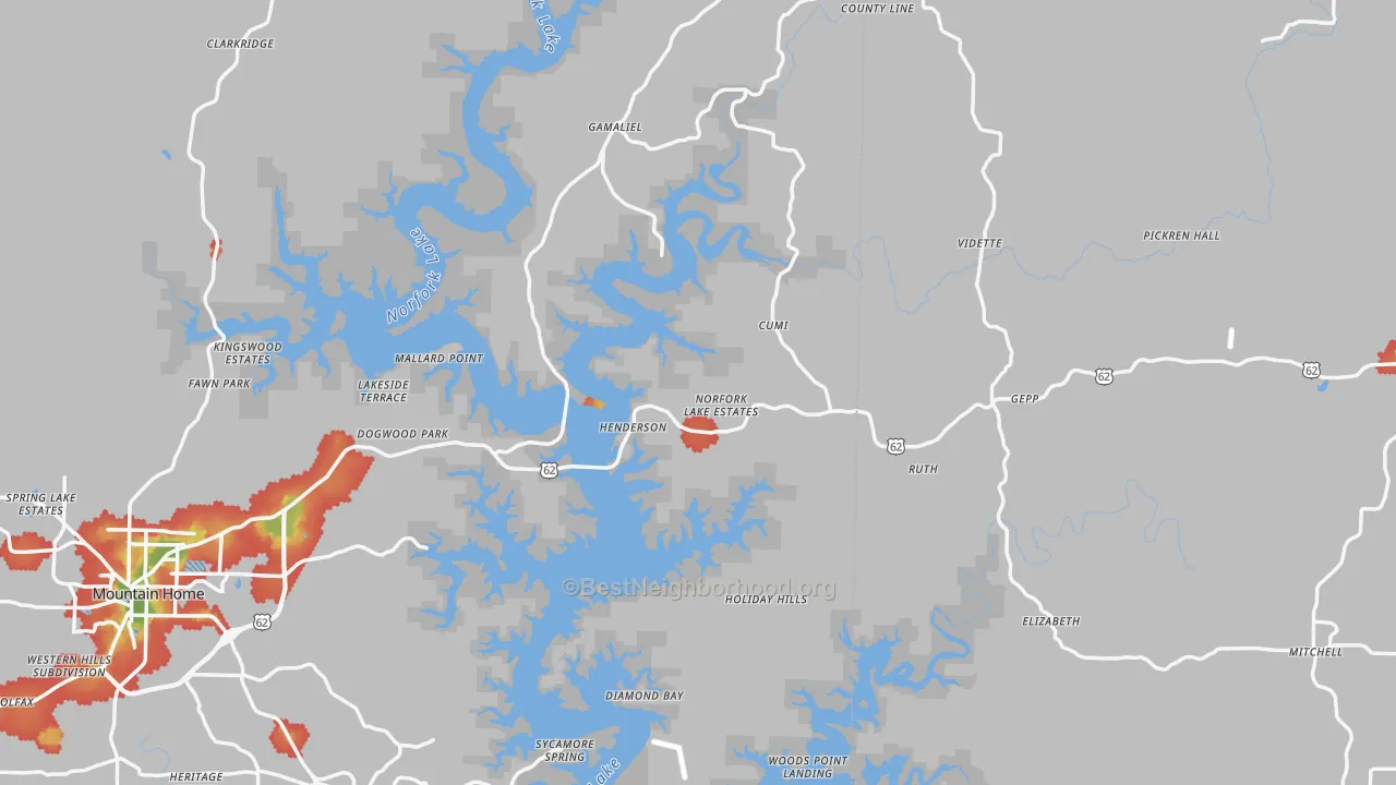 Walk Grade map of Henderson, AR, walkable areas in green and car-dependent areas in red