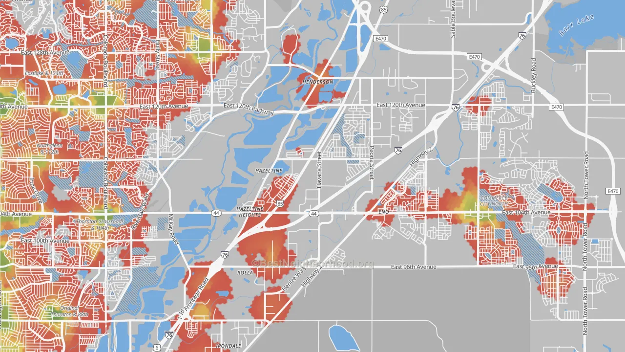 Walk Grade map of Henderson, CO, walkable areas in green and car-dependent areas in red