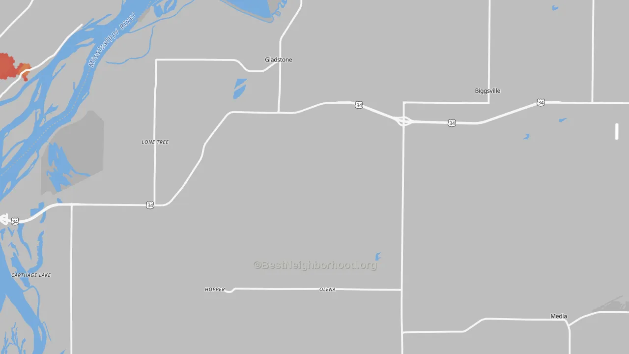 Walk Grade map of Henderson County, IL, walkable areas in green and car-dependent areas in red
