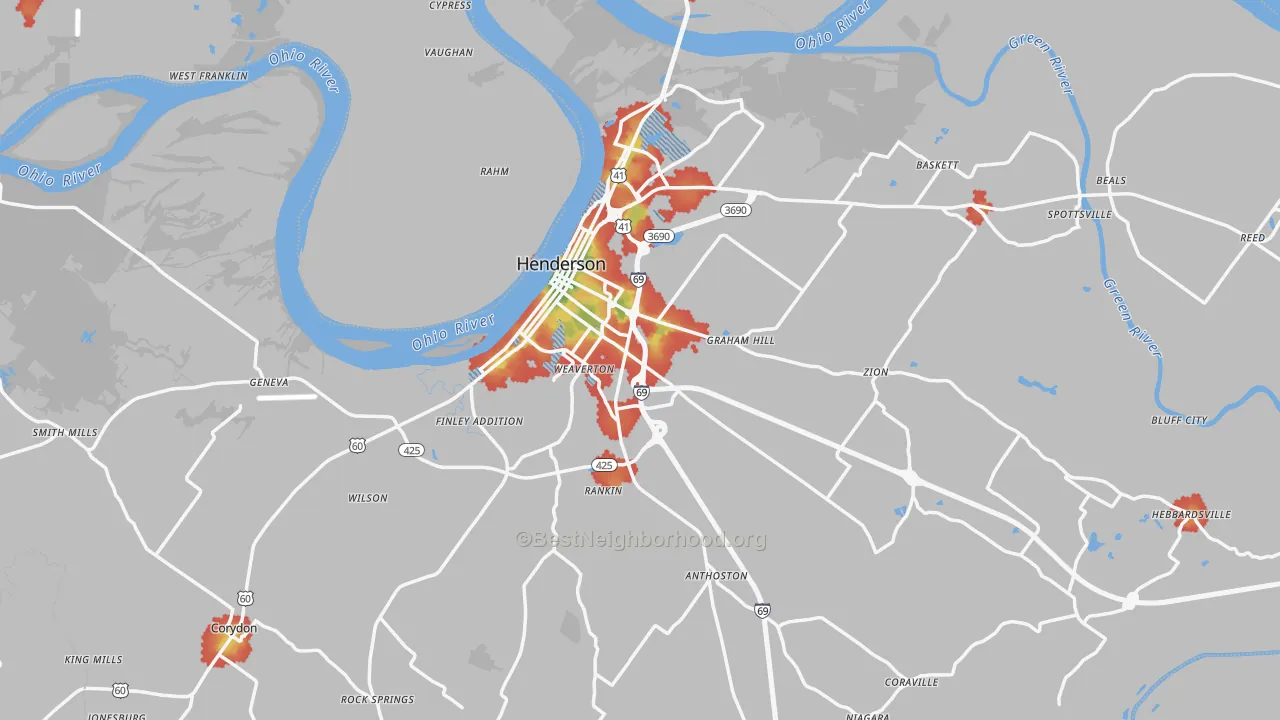 Walk Grade map of Henderson County, KY, walkable areas in green and car-dependent areas in red