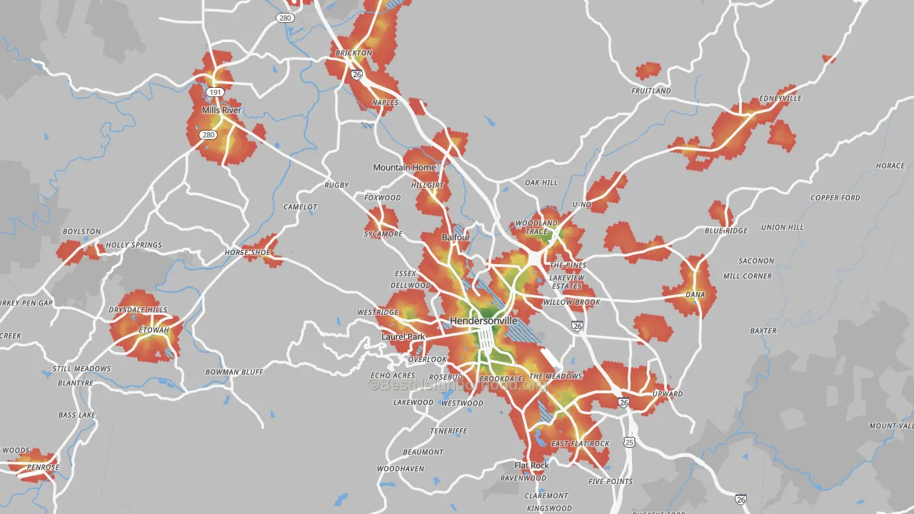 Walk Grade map of Henderson County, NC, walkable areas in green and car-dependent areas in red