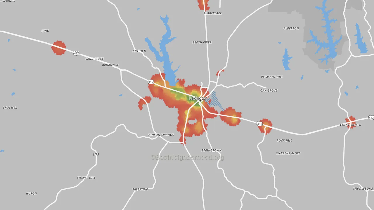 Walk Grade map of Henderson County, TN, walkable areas in green and car-dependent areas in red