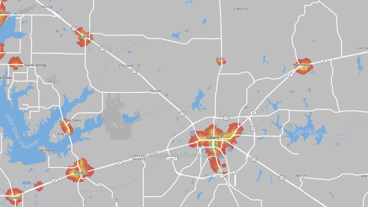 Walk Grade map of Henderson County, TX, walkable areas in green and car-dependent areas in red